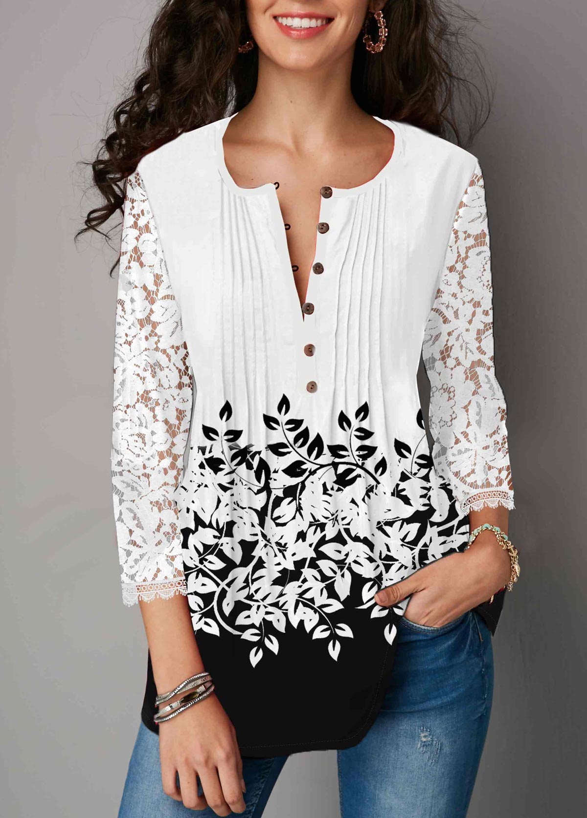 Multi Color tops,Contrast Color tops,ROTITA Button Up Color Block Lace Panel Three Quarter Sleeve Blouse