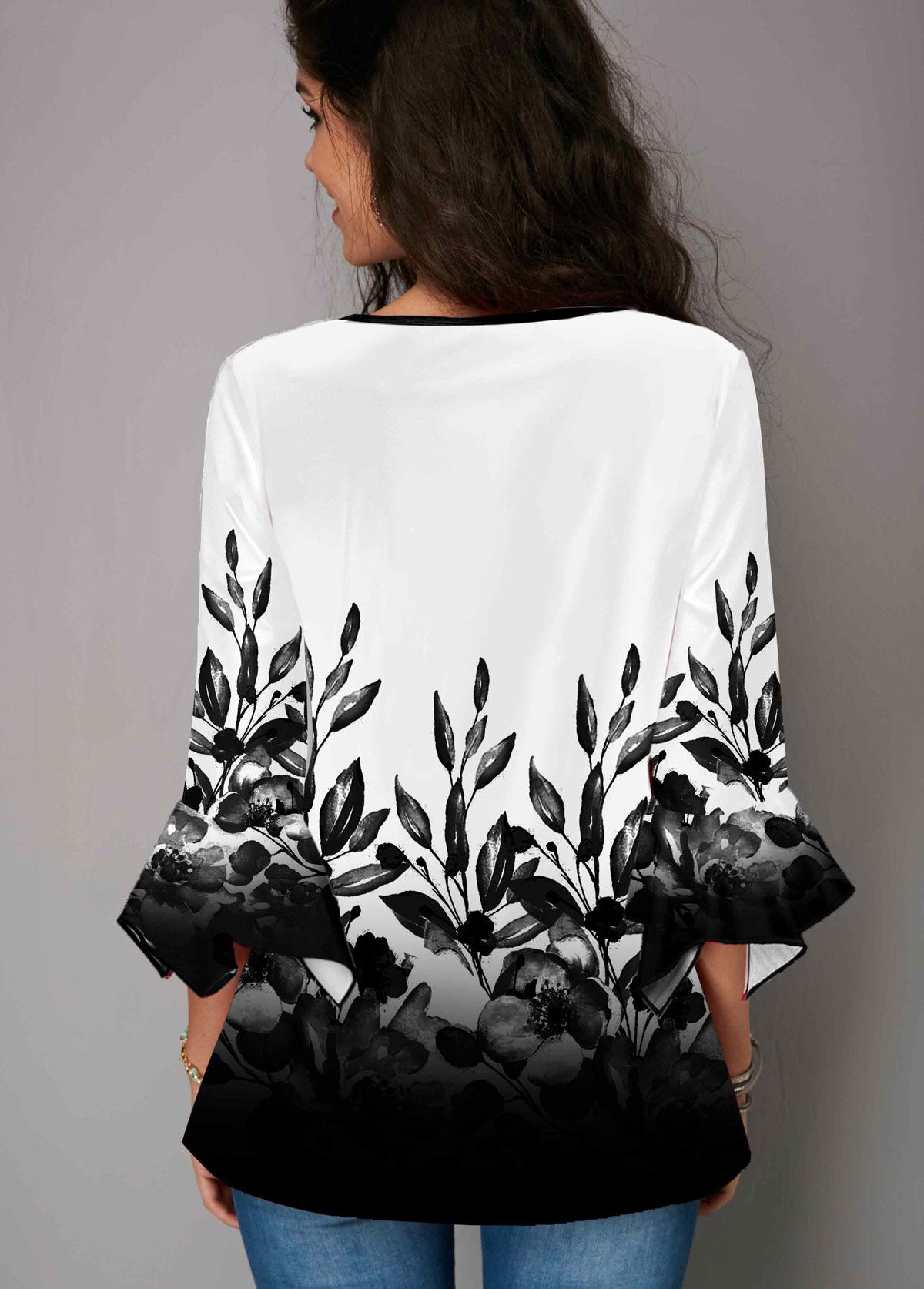 Multi Color tops,Floral tops,ROTITA Plant Print Button Up Gradient Blouse