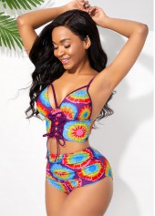 Multi Color swimwear,Rainbow Color swimwear,Floral swimwear,ROTITA Multi Color Spaghetti Strap High Waisted Bikini Set