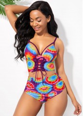 Multi Color swimwear,Rainbow Color swimwear,Floral swimwear,ROTITA Multi Color Spaghetti Strap High Waisted Bikini Set