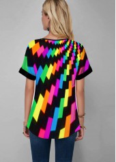 Multi Color tops,Geometric tops,ROTITA Rainbow Color Geometric Print Gradient Split Neck Blouse