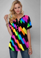 Multi Color tops,Geometric tops,ROTITA Rainbow Color Geometric Print Gradient Split Neck Blouse