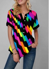 Multi Color tops,Geometric tops,ROTITA Rainbow Color Geometric Print Gradient Split Neck Blouse