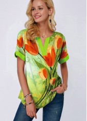 ROTITA Short Sleeve Flower Print Split Neck Blouse