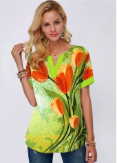Green tops,Floral tops,ROTITA Short Sleeve Flower Print Split Neck Blouse