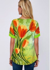 Green tops,Floral tops,ROTITA Short Sleeve Flower Print Split Neck Blouse