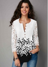 ROTITA Button Up Color Block Lace Panel Three Quarter Sleeve Blouse