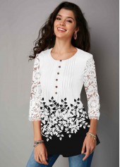 Multi Color tops,Contrast Color tops,ROTITA Button Up Color Block Lace Panel Three Quarter Sleeve Blouse