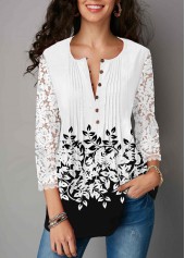 Multi Color tops,Contrast Color tops,ROTITA Button Up Color Block Lace Panel Three Quarter Sleeve Blouse