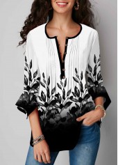 Multi Color tops,Floral tops,ROTITA Plant Print Button Up Gradient Blouse