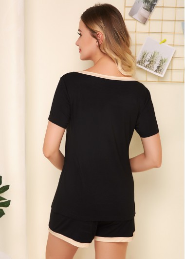 Black intimates,Contrast Color intimates,ROTITA Round Neck Black Short Sleeve Pajama Set