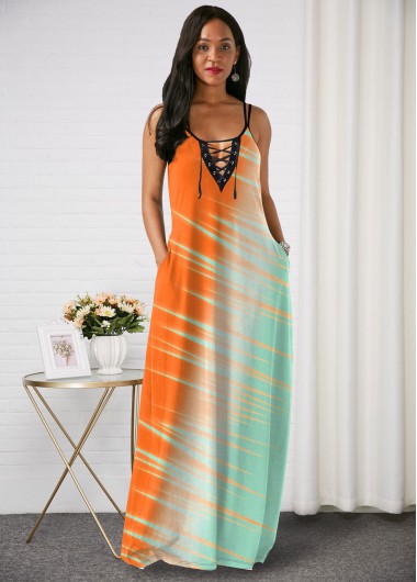 Multi Color dresses,Floral dresses,ROTITA Color Block Spaghetti Strap Lace Up Maxi Dress