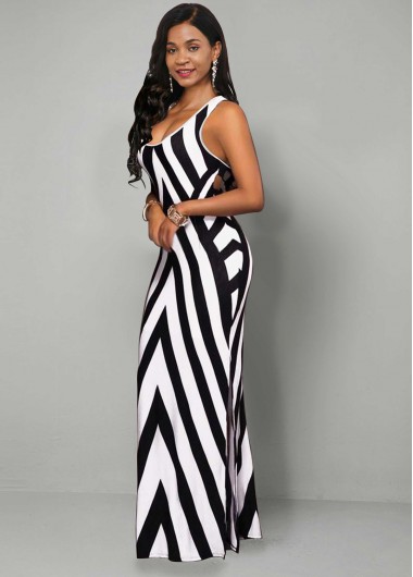 Multi Color dresses,Striped dresses,ROTITA Geometric Print Stripe Side Slit Dress