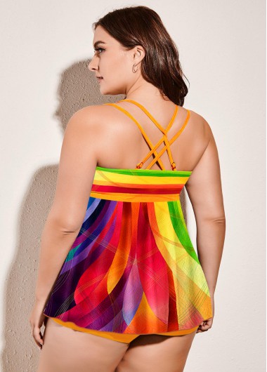 Multi Color plus size,Floral plus size,ROTITA Plus Size Multi Color Cross Strap Tankini Set
