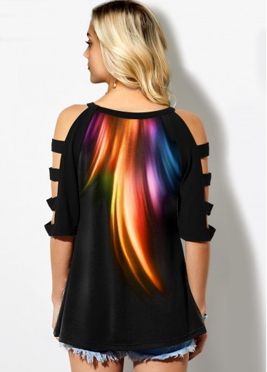 Black tops,Floral tops,ROTITA Round Neck Rainbow Color Cold Shoulder T Shirt