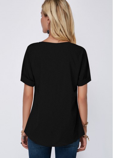 Black tops,Contrast Color tops,ROTITA Zipper Detail Black Short Sleeve Blouse