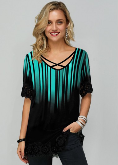 Cyan tops,Floral tops,ROTITA Half Sleeve Cyan Criss Cross Neck T Shirt