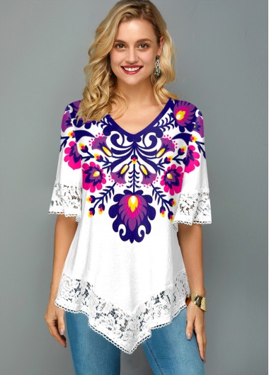 White tops,Floral tops,ROTITA Flower Print Lace Stitching V Neck T Shirt