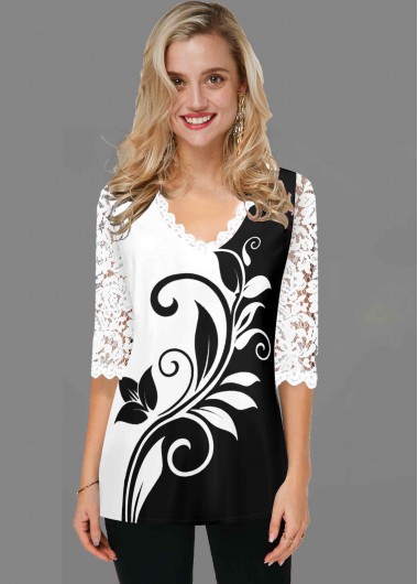 White tops,Floral tops,ROTITA Lace Panel White V Neck T Shirt