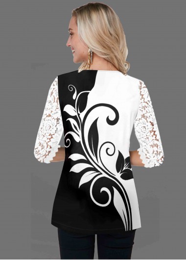 White tops,Floral tops,ROTITA Lace Panel White V Neck T Shirt
