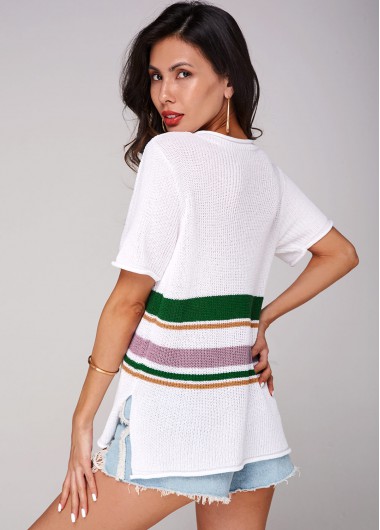 White tops,Striped tops,Contrast Short Sleeve V Neck Sweater