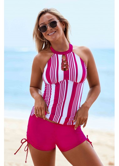 Hot Pink swimwear,Striped swimwear,ROTITA Stripe Print Drawstring Side Cutout Neck Tankini Set