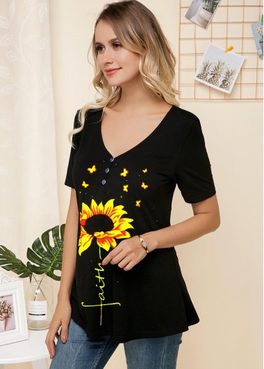 Black tops,Floral tops,ROTITA Sunflower Print Short Sleeve V Neck T Shirt