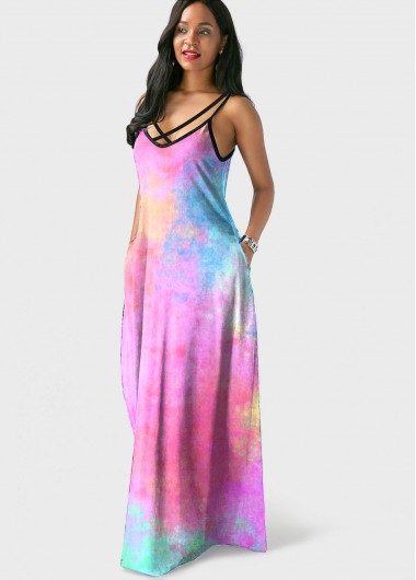 Pink dresses,Tie Dye dresses,ROTITA Spaghetti Strap Tie Dye Side Pocket Maxi Dress