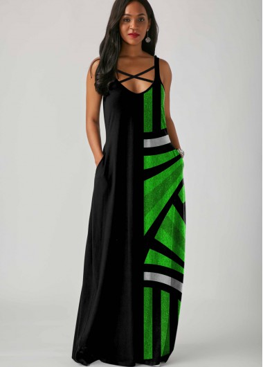 Green dresses,Geometric dresses,ROTITA Side Pocket Geometric Print Spaghetti Strap Maxi Dress