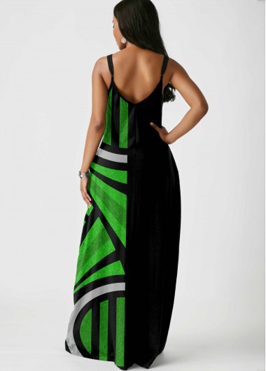 Green dresses,Geometric dresses,ROTITA Side Pocket Geometric Print Spaghetti Strap Maxi Dress