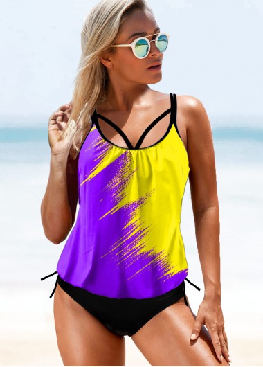 Purple swimwear,Floral swimwear,ROTITA Tie Side Wide Strap Printed Tankini Set