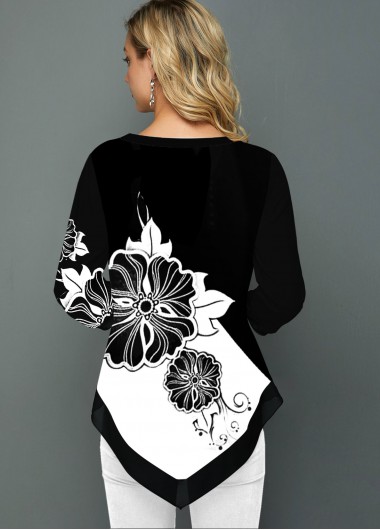 Multi Color tops,Floral tops,ROTITA Buckle Detail Color Block Three Quarter Sleeve Blouse