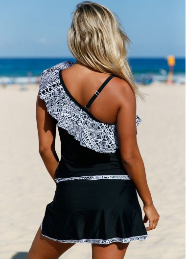 Black swimwear,Floral swimwear,ROTITA Ruffle Hem Skew Neck Printed Tankini Set