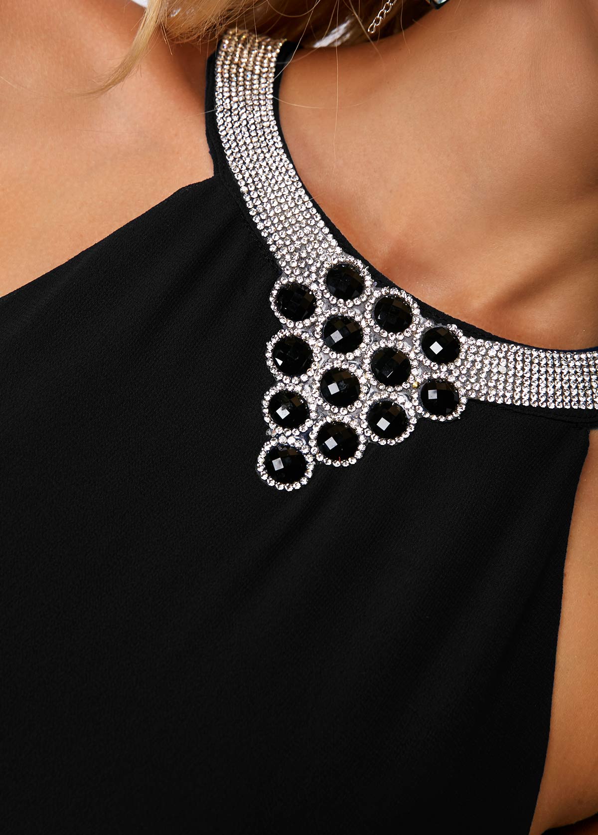 Black dresses,Plain Color dresses,Black Asymmetric Hem Embellished Neck Chiffon Overlay Dress