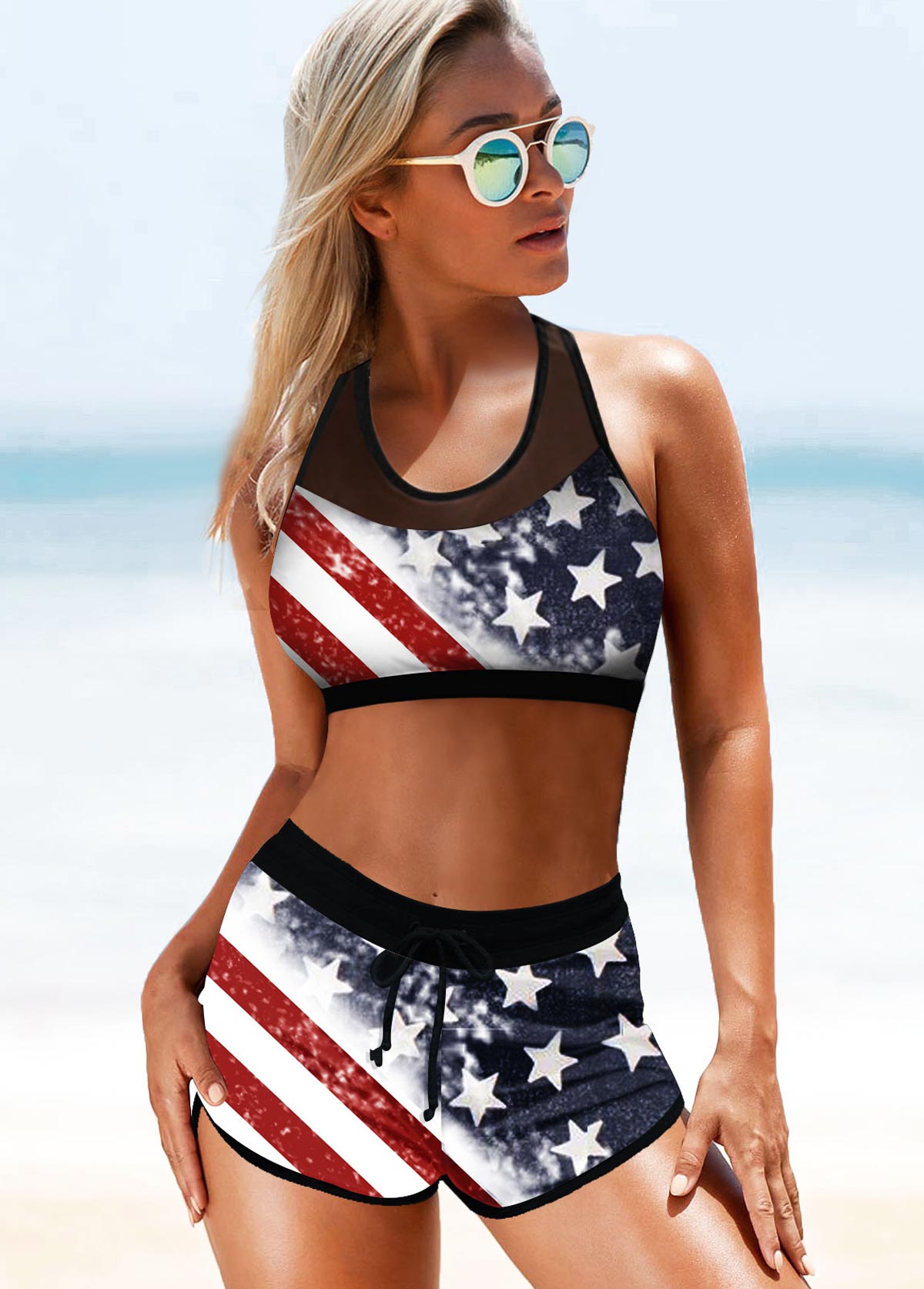 ROTITA American Flag Print Drawstring Waist Wide Strap Bikini Set