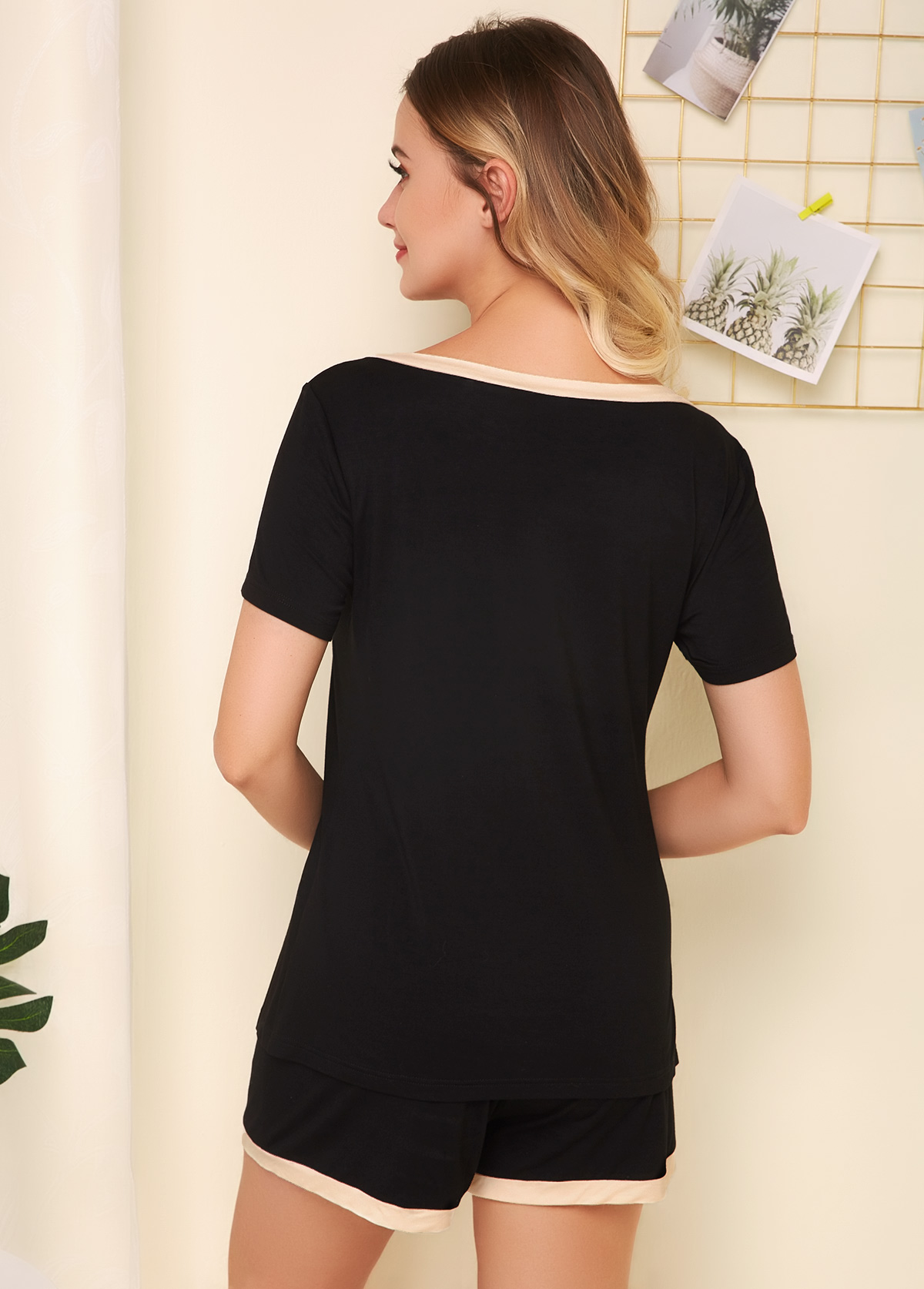 Black intimates,Contrast Color intimates,ROTITA Round Neck Black Short Sleeve Pajama Set