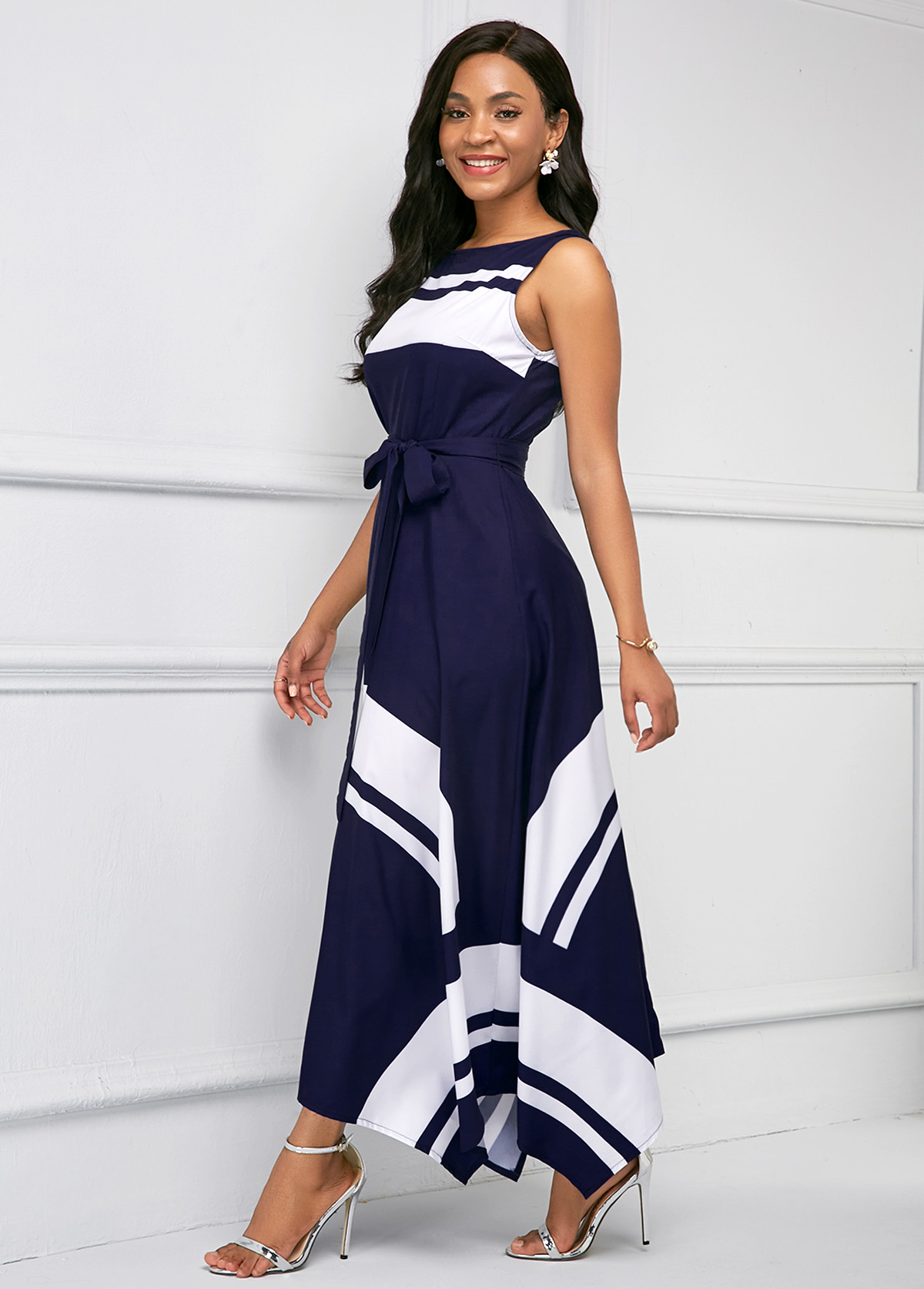 Navy dresses,Floral dresses,ROTITA Asymmetric Hem Printed Sleeveless Maxi Dress
