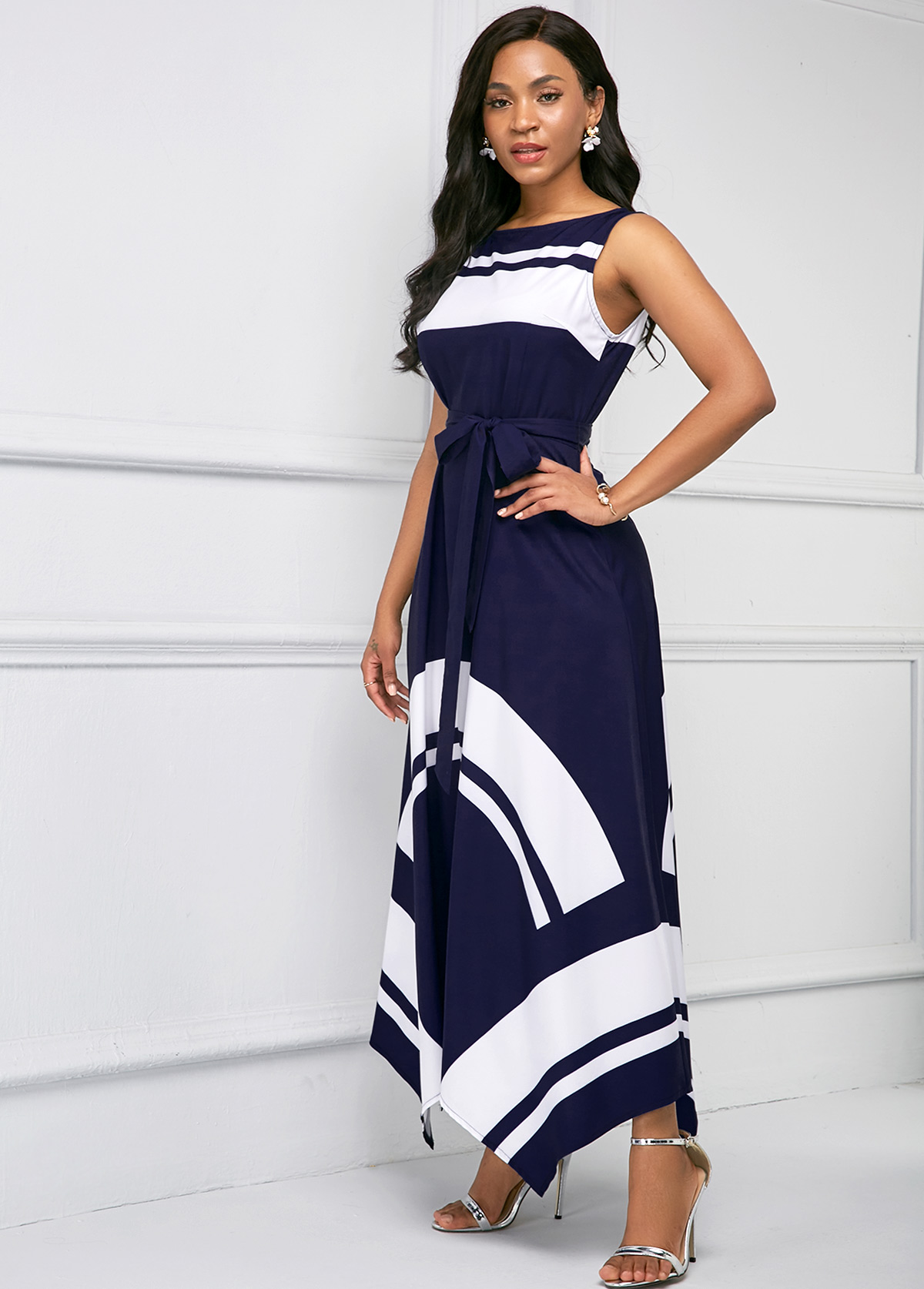 Navy dresses,Floral dresses,ROTITA Asymmetric Hem Printed Sleeveless Maxi Dress