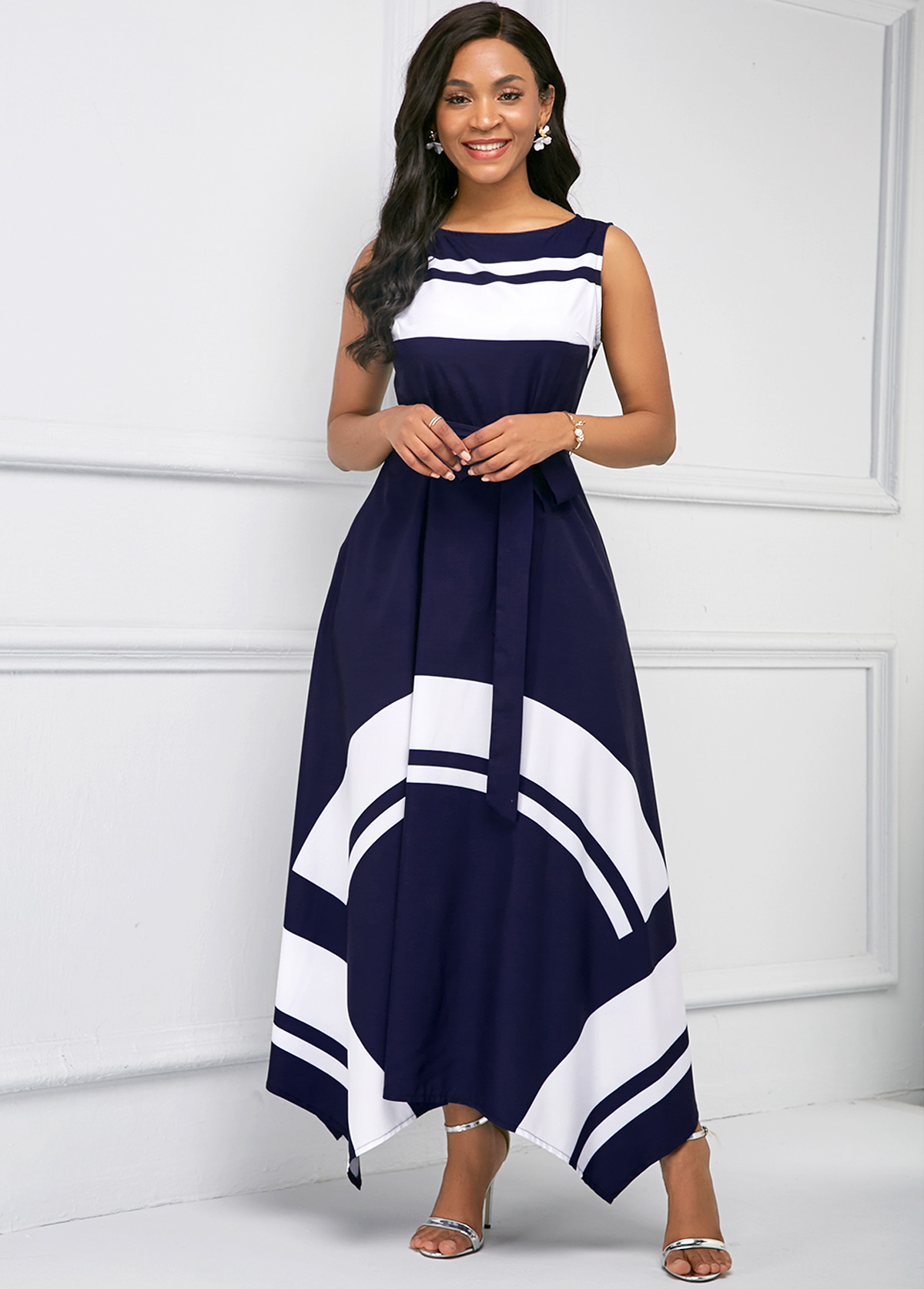Navy dresses,Floral dresses,ROTITA Asymmetric Hem Printed Sleeveless Maxi Dress