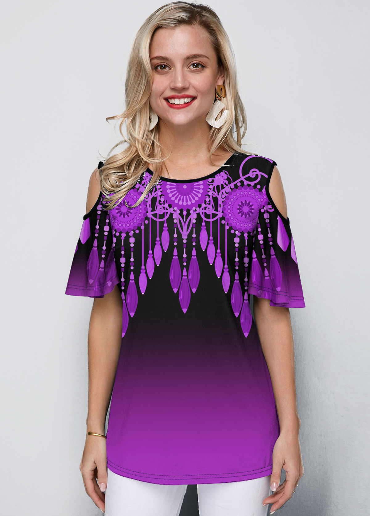 Purple tops,Floral tops,ROTITA Round Neck Cold Shoulder Purple Gradient T Shirt