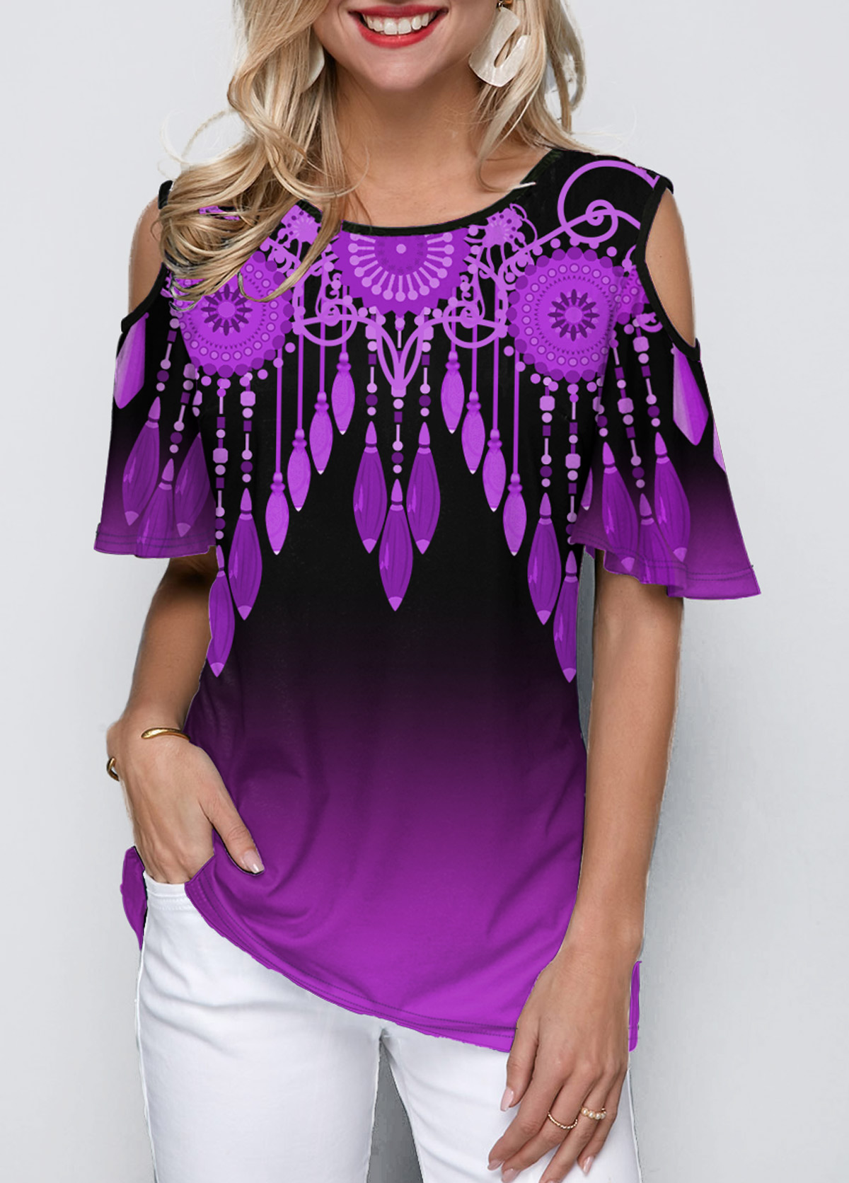 Purple tops,Floral tops,ROTITA Round Neck Cold Shoulder Purple Gradient T Shirt