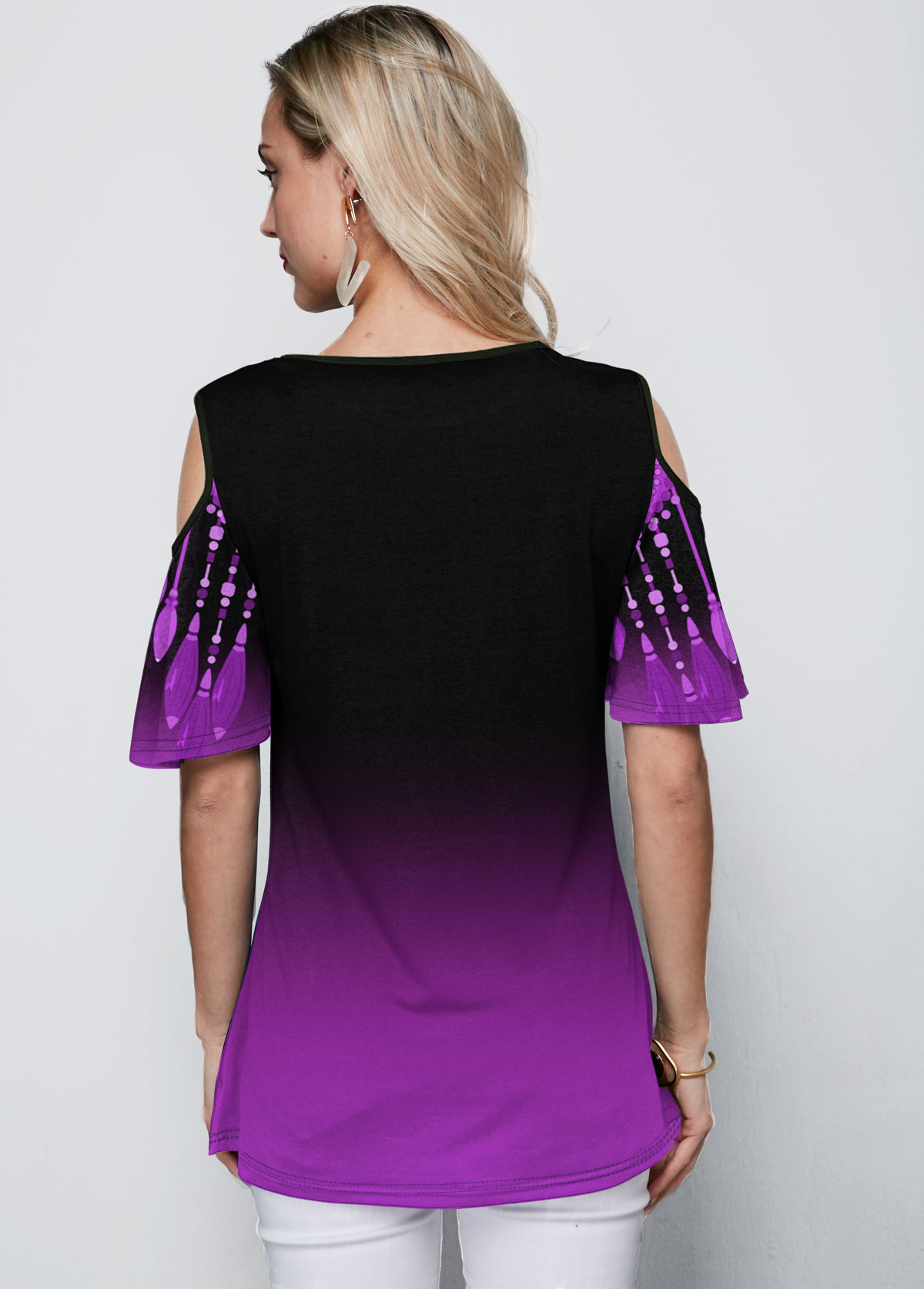 Purple tops,Floral tops,ROTITA Round Neck Cold Shoulder Purple Gradient T Shirt