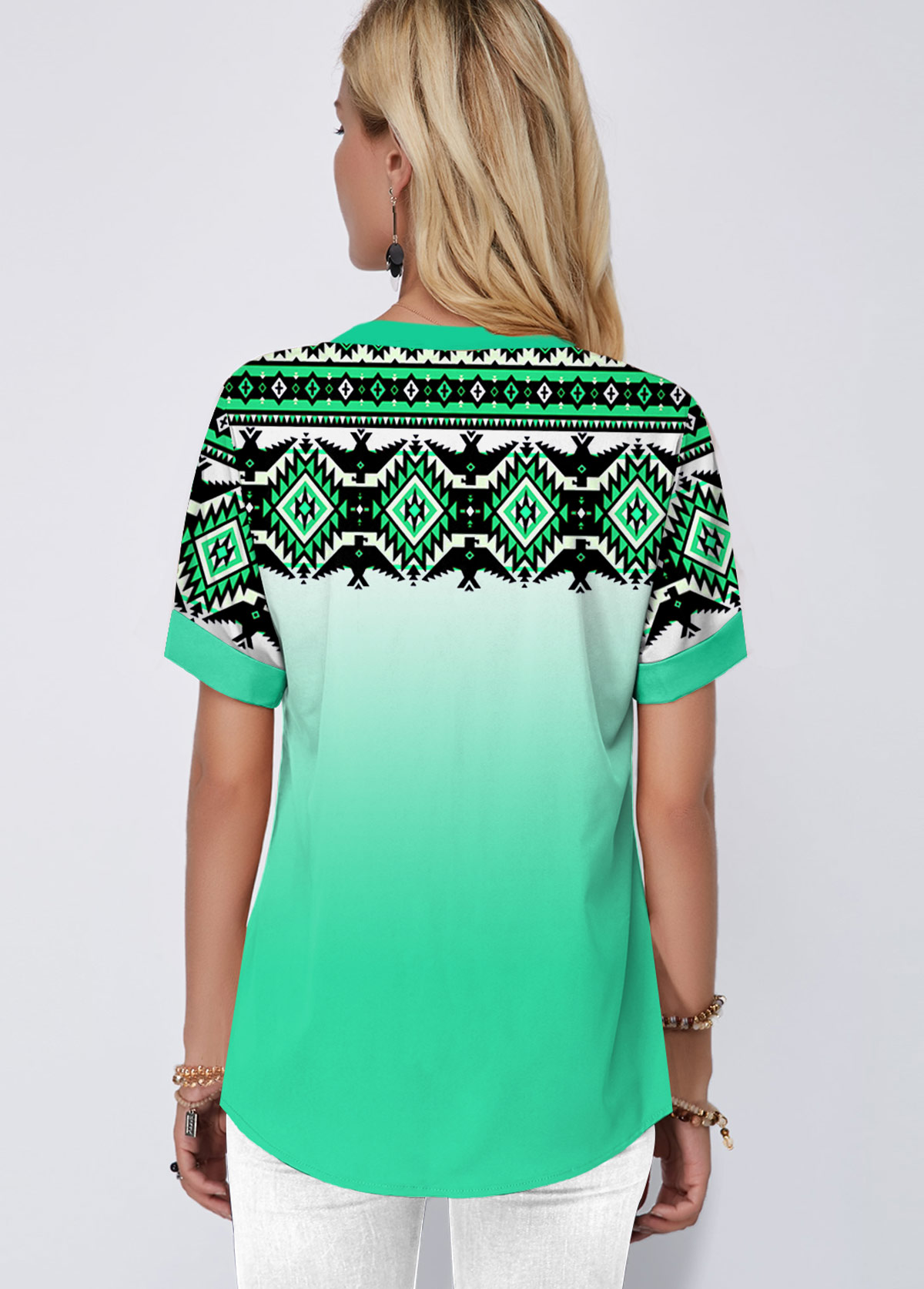 Cyan tops,Floral tops,ROTITA Gradient Tribal Print Green Blouse