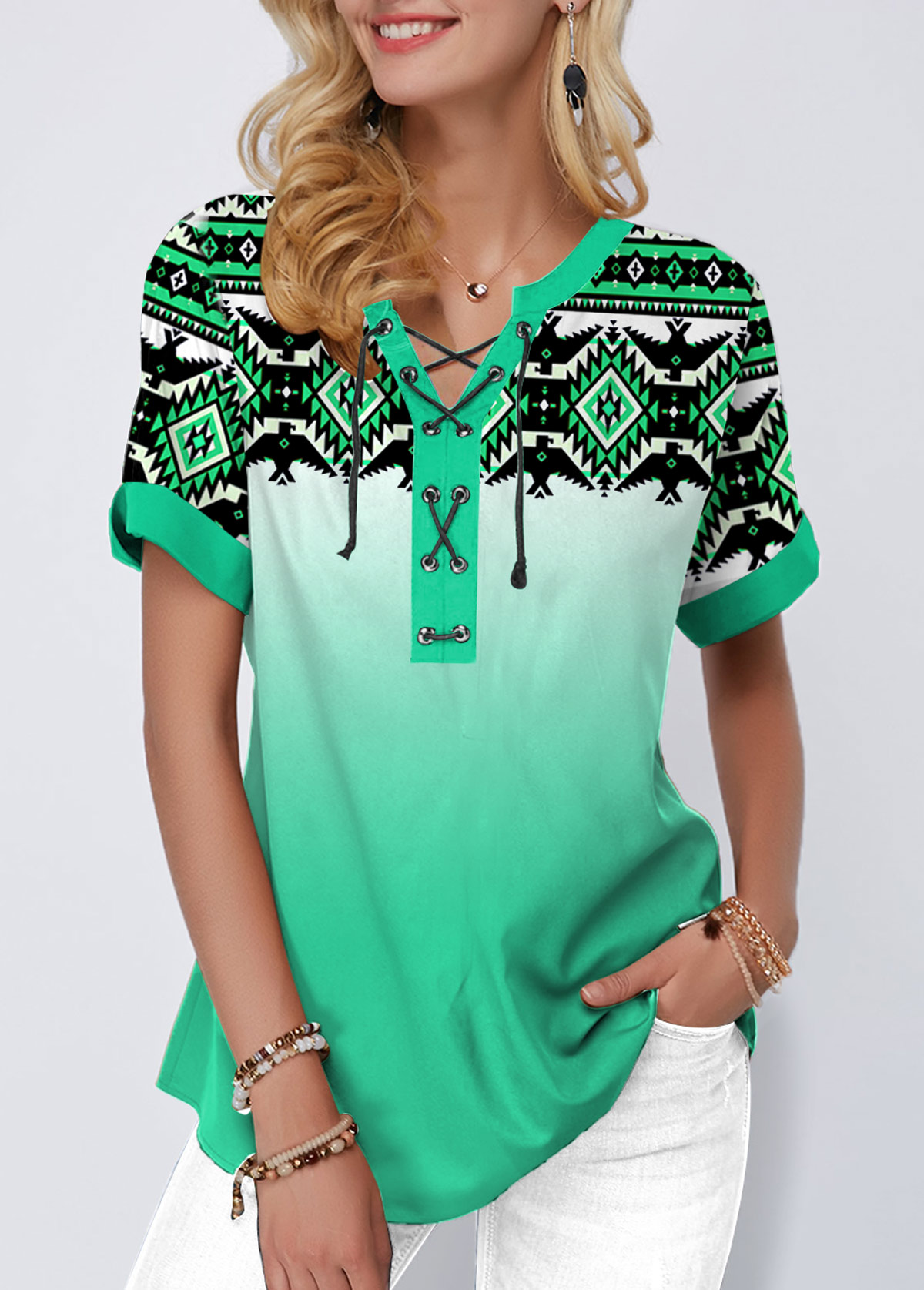 Cyan tops,Floral tops,ROTITA Gradient Tribal Print Green Blouse