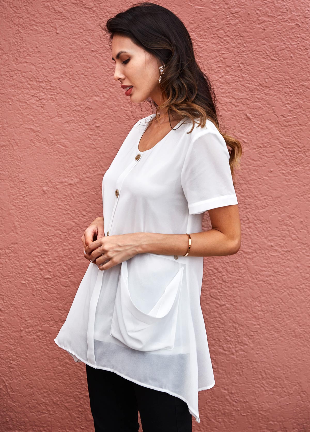 White tops,Plain Color tops,ROTITA Button Detail Asymmetric Hem Pocket Soft Blouse