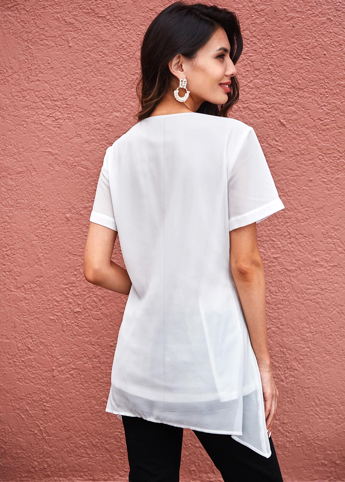 White tops,Plain Color tops,ROTITA Button Detail Asymmetric Hem Pocket Soft Blouse