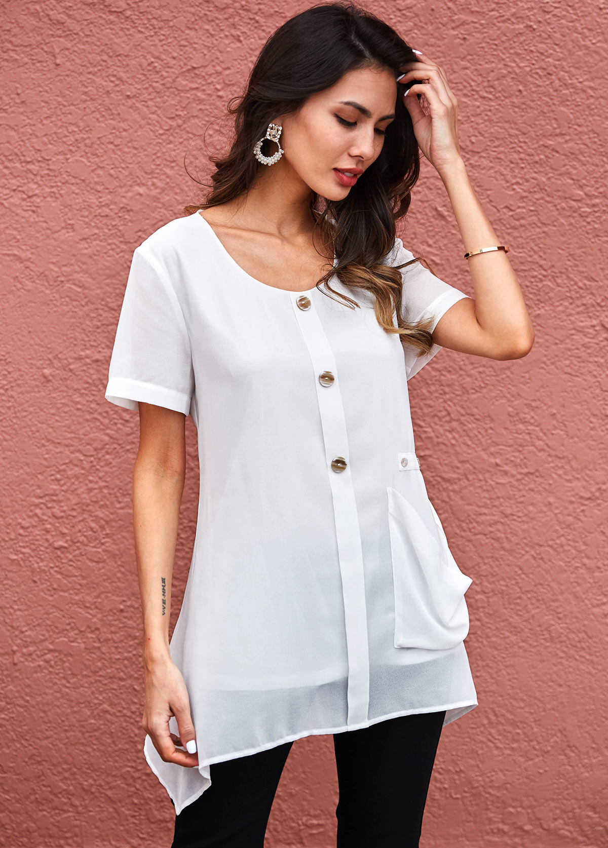White tops,Plain Color tops,ROTITA Button Detail Asymmetric Hem Pocket Soft Blouse