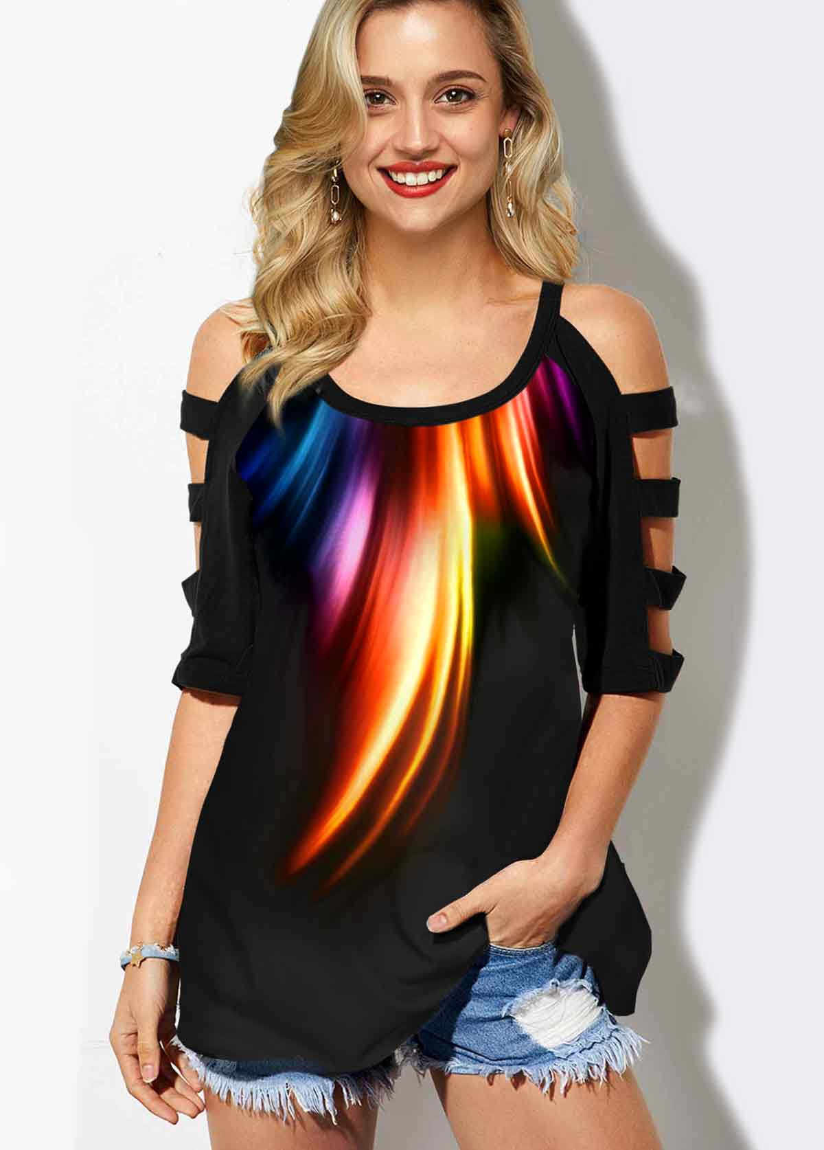 ROTITA Round Neck Rainbow Color Cold Shoulder T Shirt