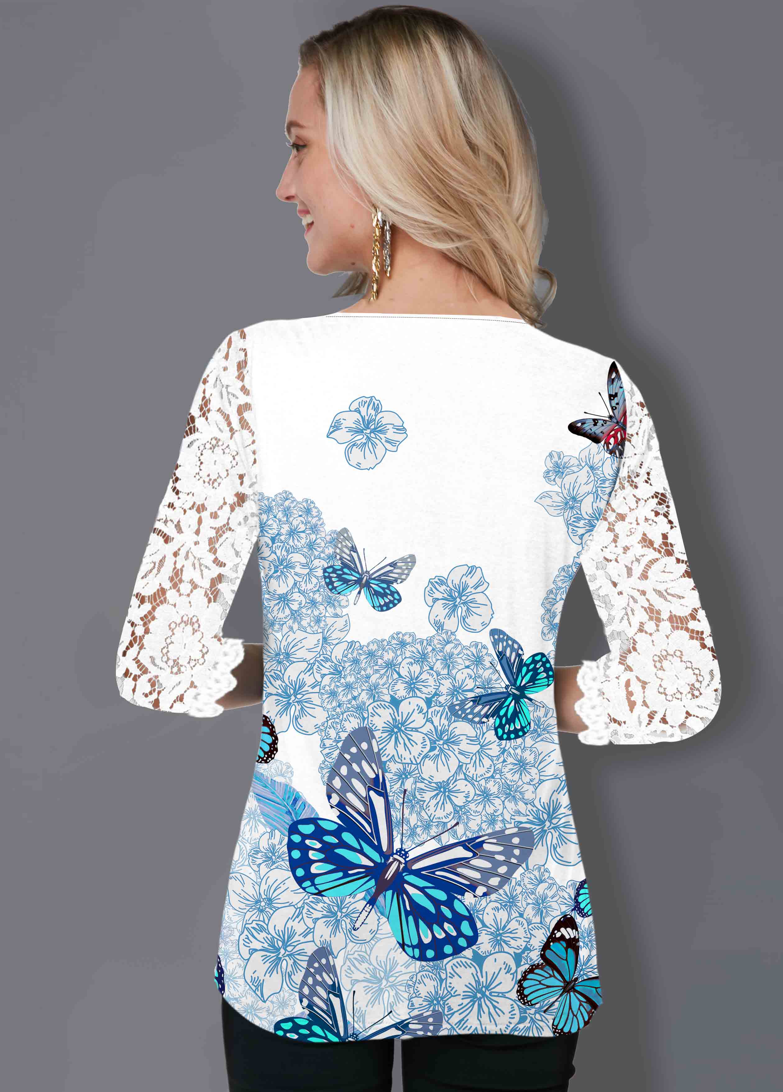 White tops,Contrast Color tops,ROTITA Butterfly Print Lace Panel T Shirt