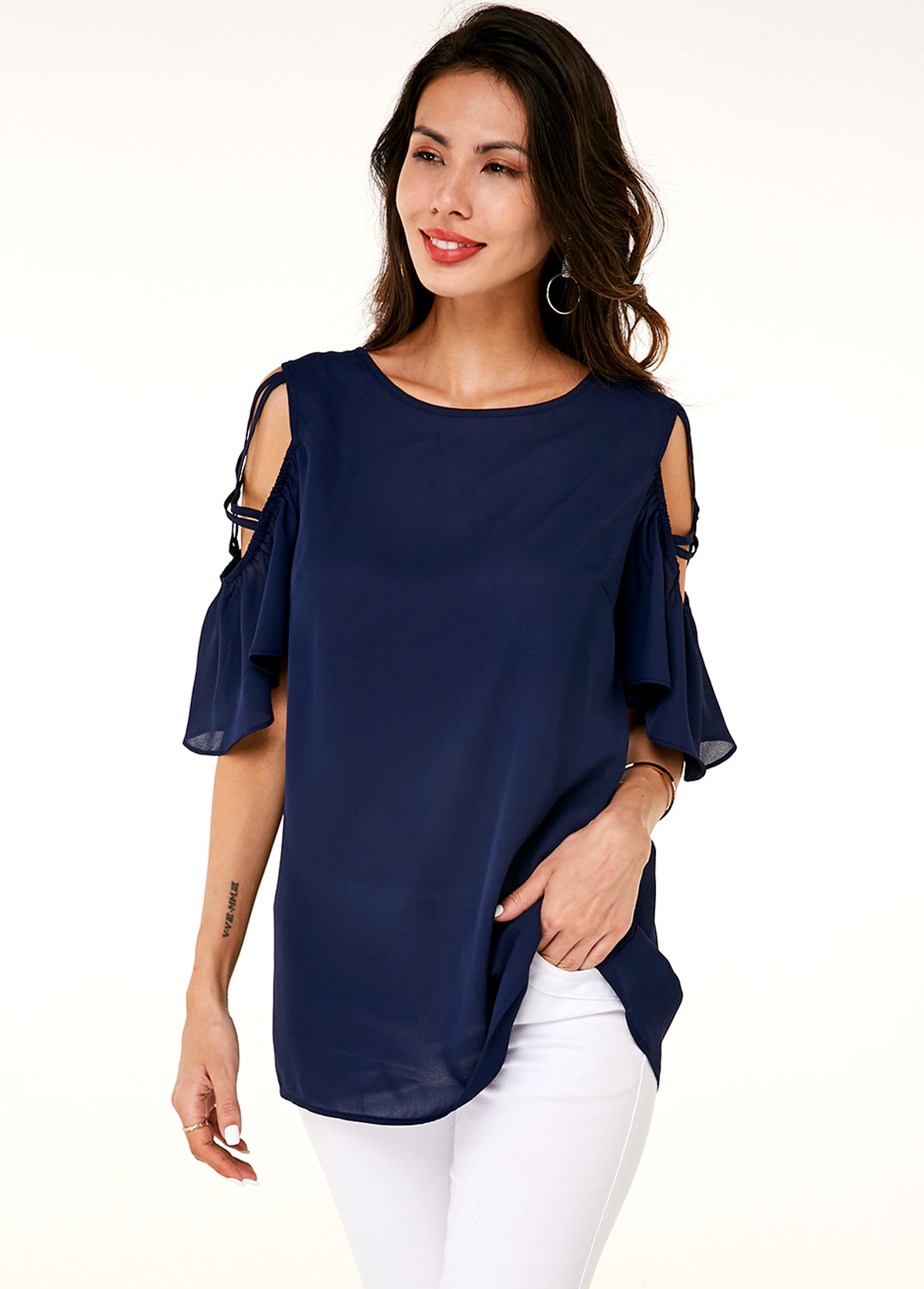 Navy tops,Plain Color tops,ROTITA Cold Shoulder Half Sleeve Round Neck T Shirt